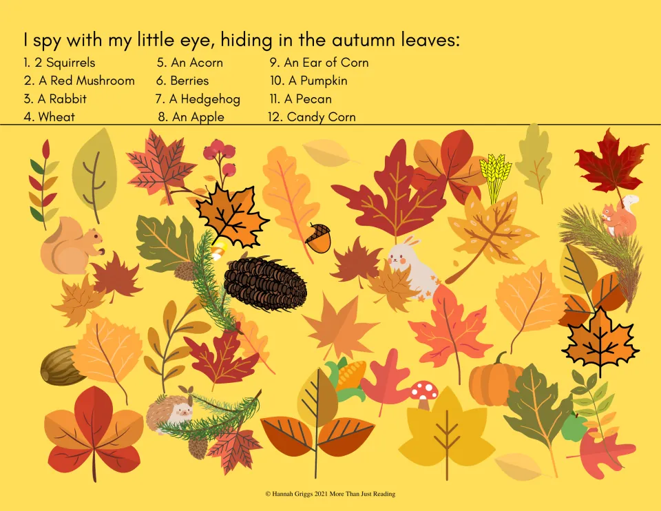 Hiding in the autumn leaves I spy: students find 2 squirrels, a red mushroom, a hedgehog and a pecan