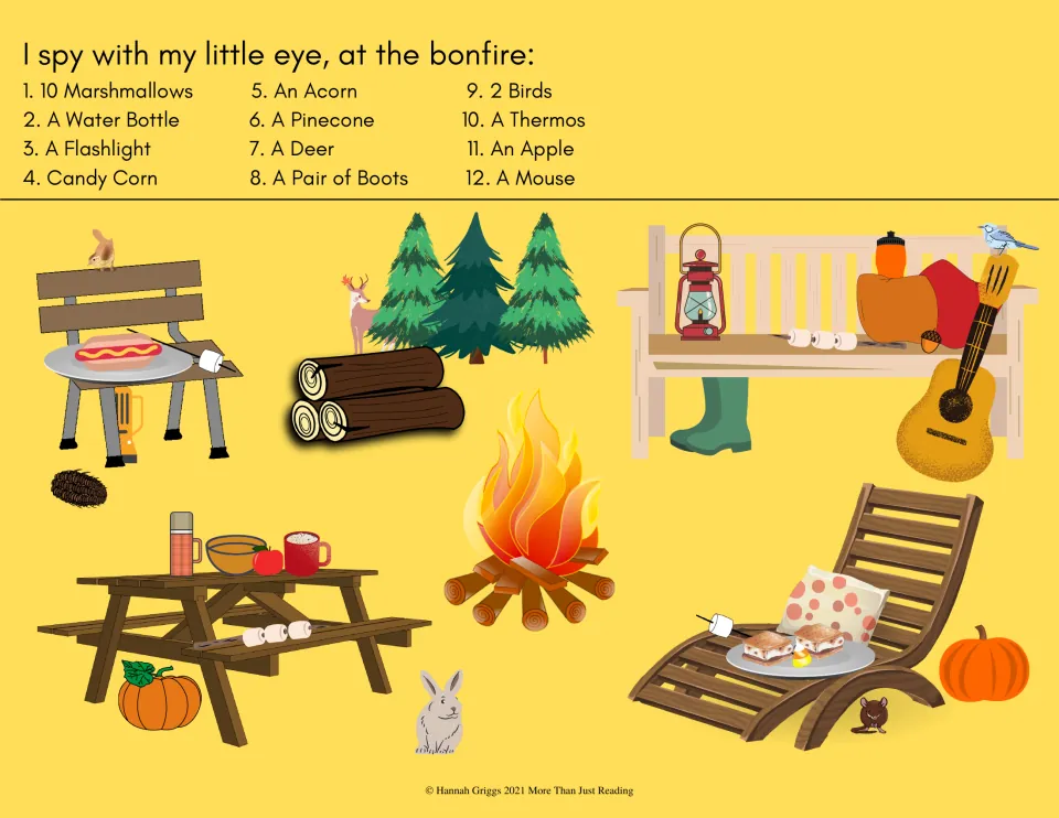 Bonfire I spy: students search a campfire scene for 10 marshmallows, a flashlight, a thermos, boots and a mouse
