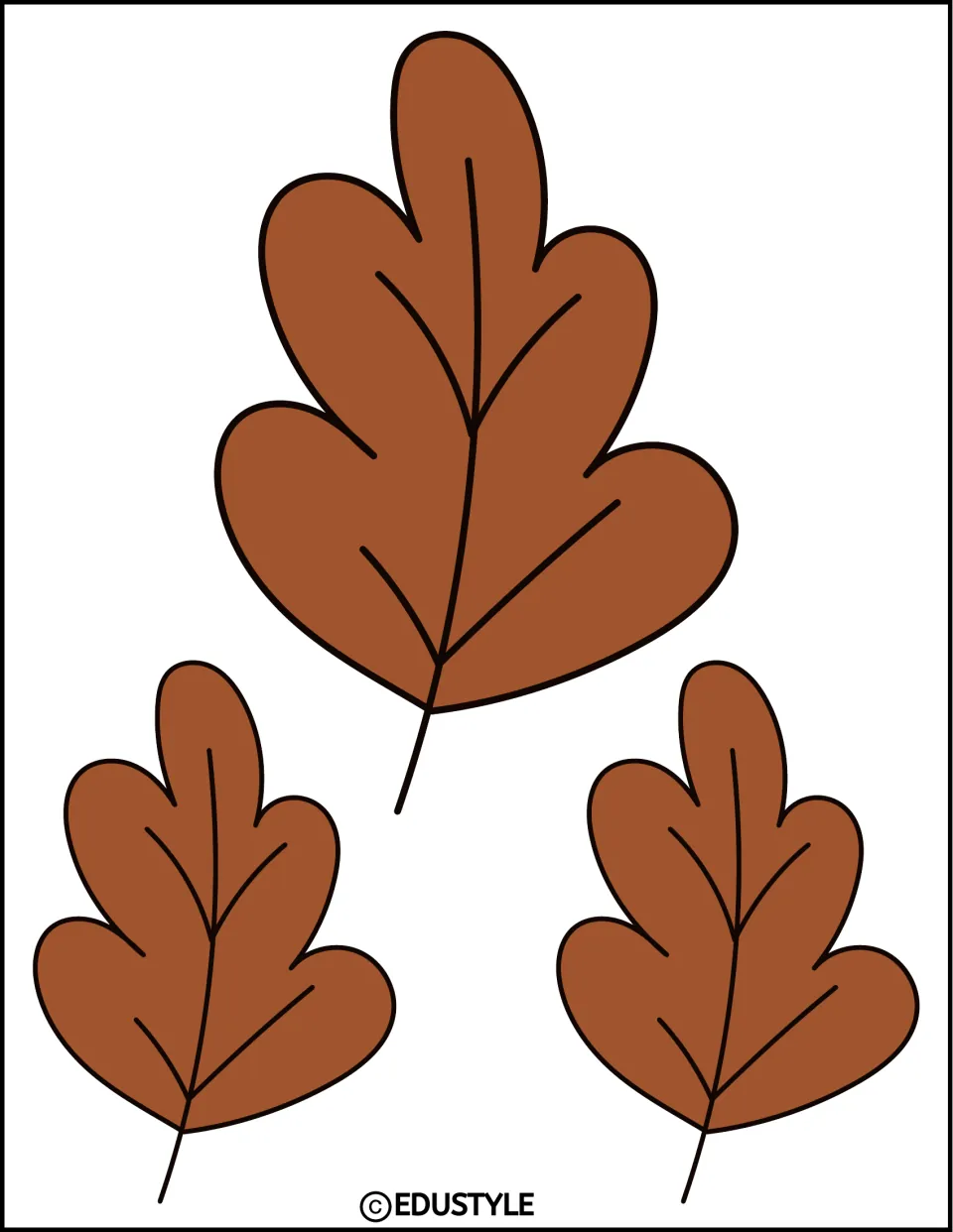 Fall leaf decor: three brown lobed leaves to cut out, one large leaf above two smaller matching leaves with vein details