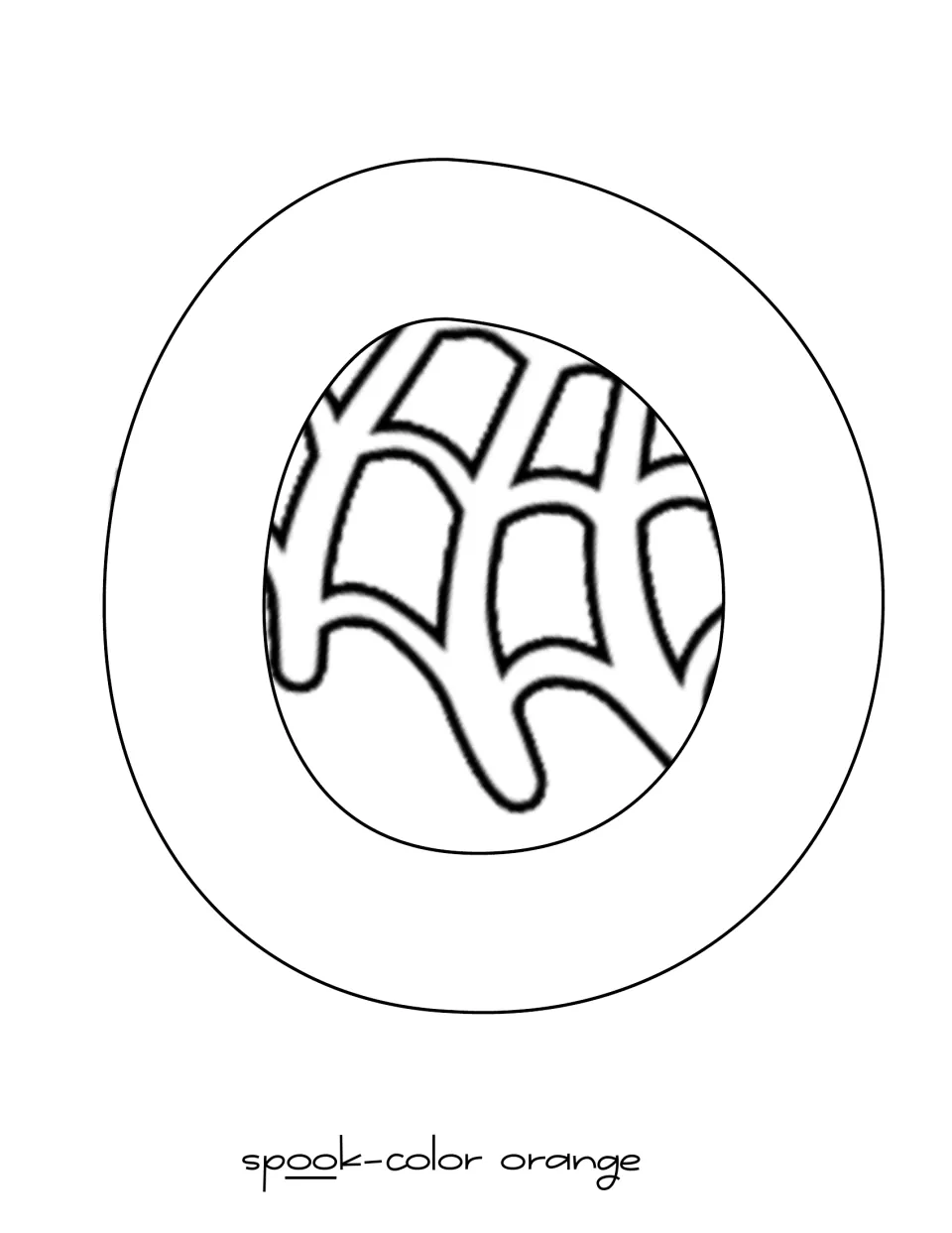 Printable o letter template with a web inside for “spook” in the display title, labeled to color orange