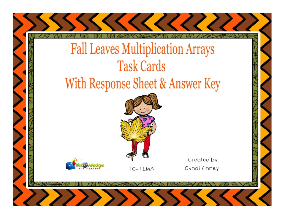 Cover: Fall Leaves Multiplication Arrays Task Cards with response sheet and answer key, with a girl holding a yellow leaf