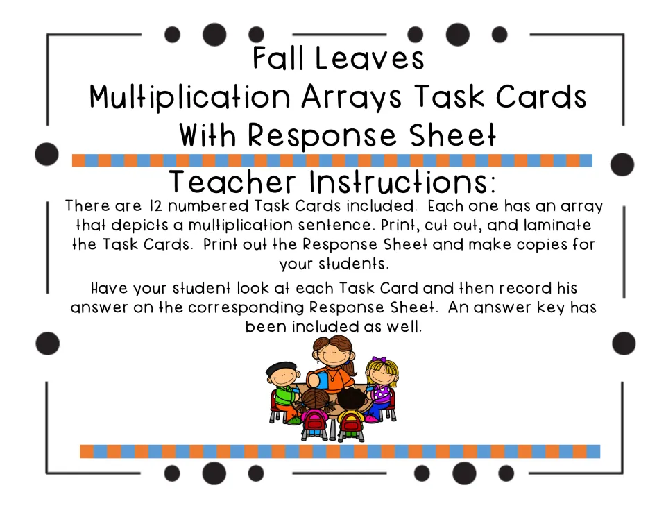 Teacher instructions: print, cut out and laminate 12 numbered array task cards and copy the response sheet for students