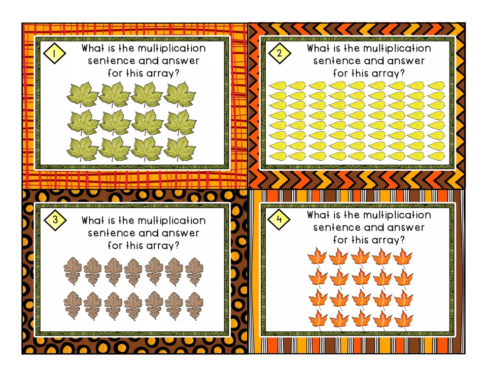 Array task cards 1-4: students write the sentence and product for leaf arrays of 3 by 4, 8 by 9, 2 by 7 and 4 by 5