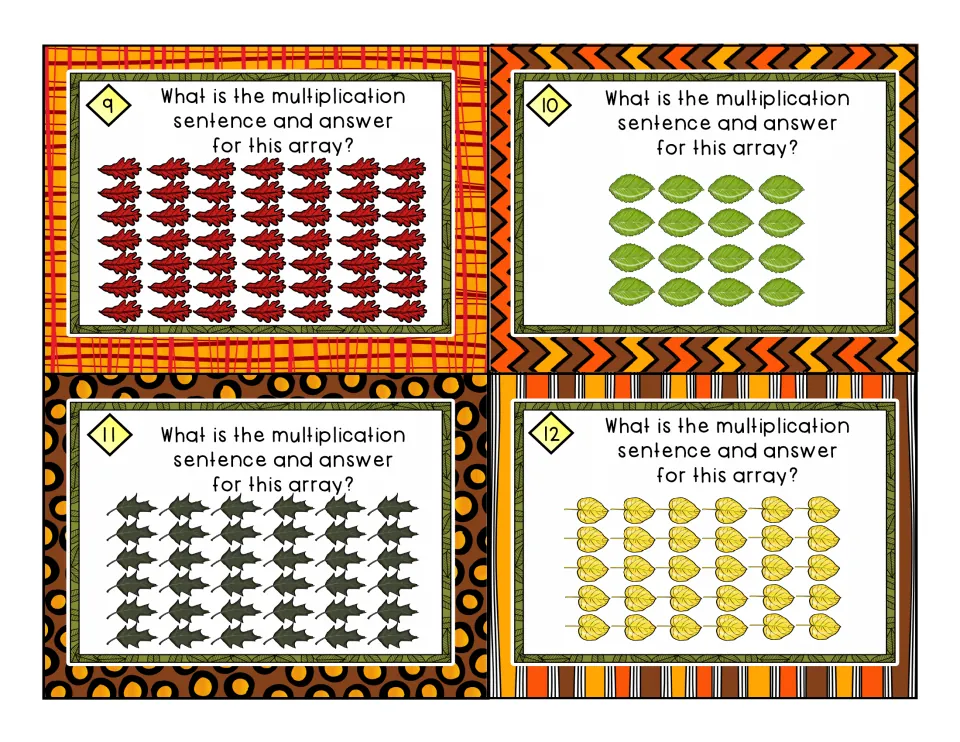 Multiplication array cards 9-12: students write the fact for leaf arrays of 7 by 7, 4 by 4, 6 by 6 and 5 by 6