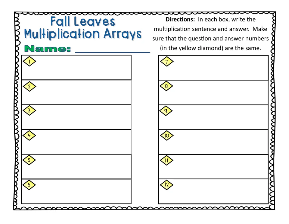 Response sheet for the array cards: students write each multiplication sentence and answer in boxes numbered 1 to 12