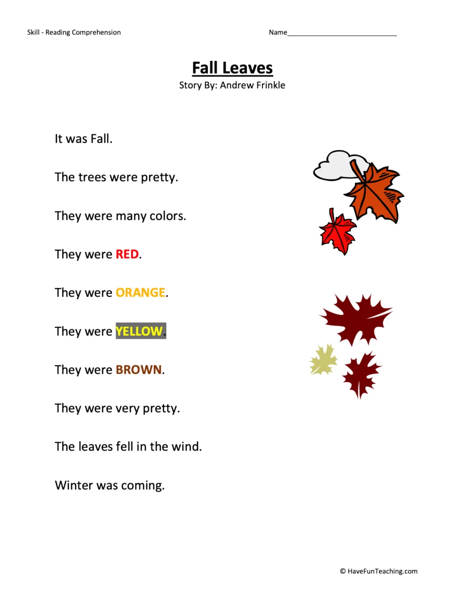 Reading passage about red, orange, yellow, and brown fall leaves falling in the wind as winter approaches.