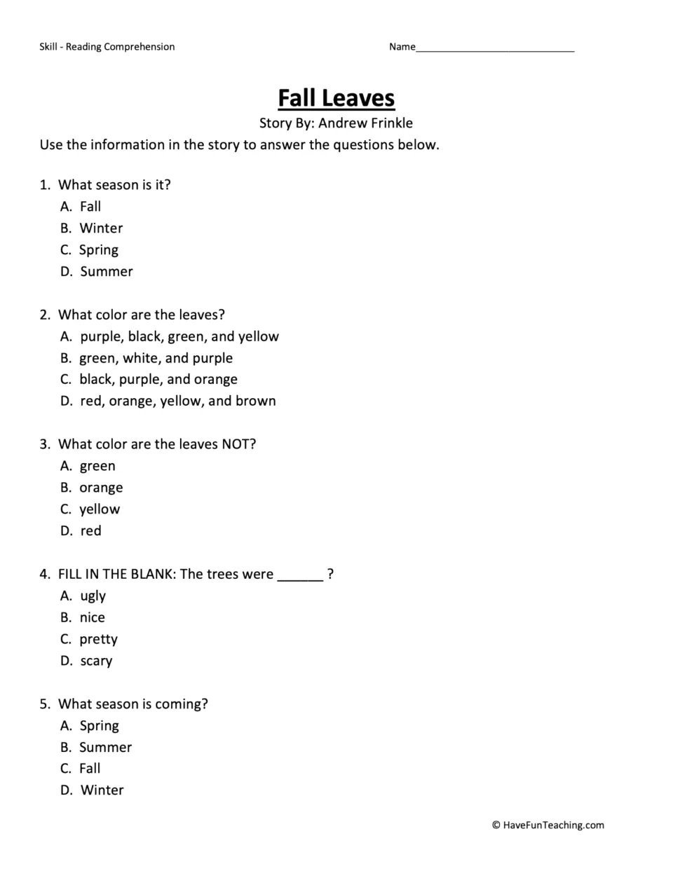 Five comprehension questions about the season, leaf colors, how the trees look, and the coming season.