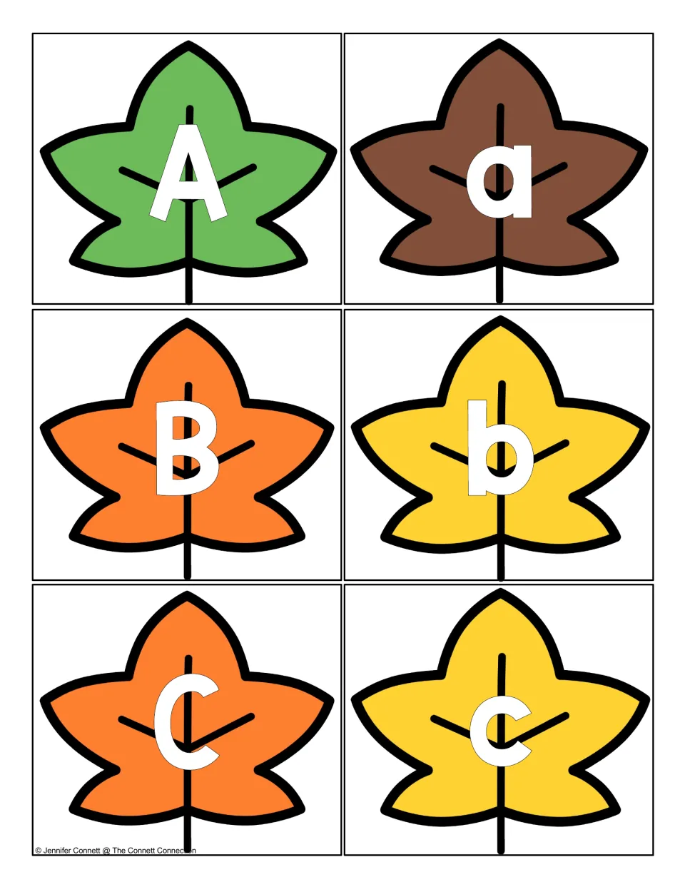 Letter recognition cards A to C: six fall leaves in green, brown, orange and yellow, each showing A, a, B, b, C or c