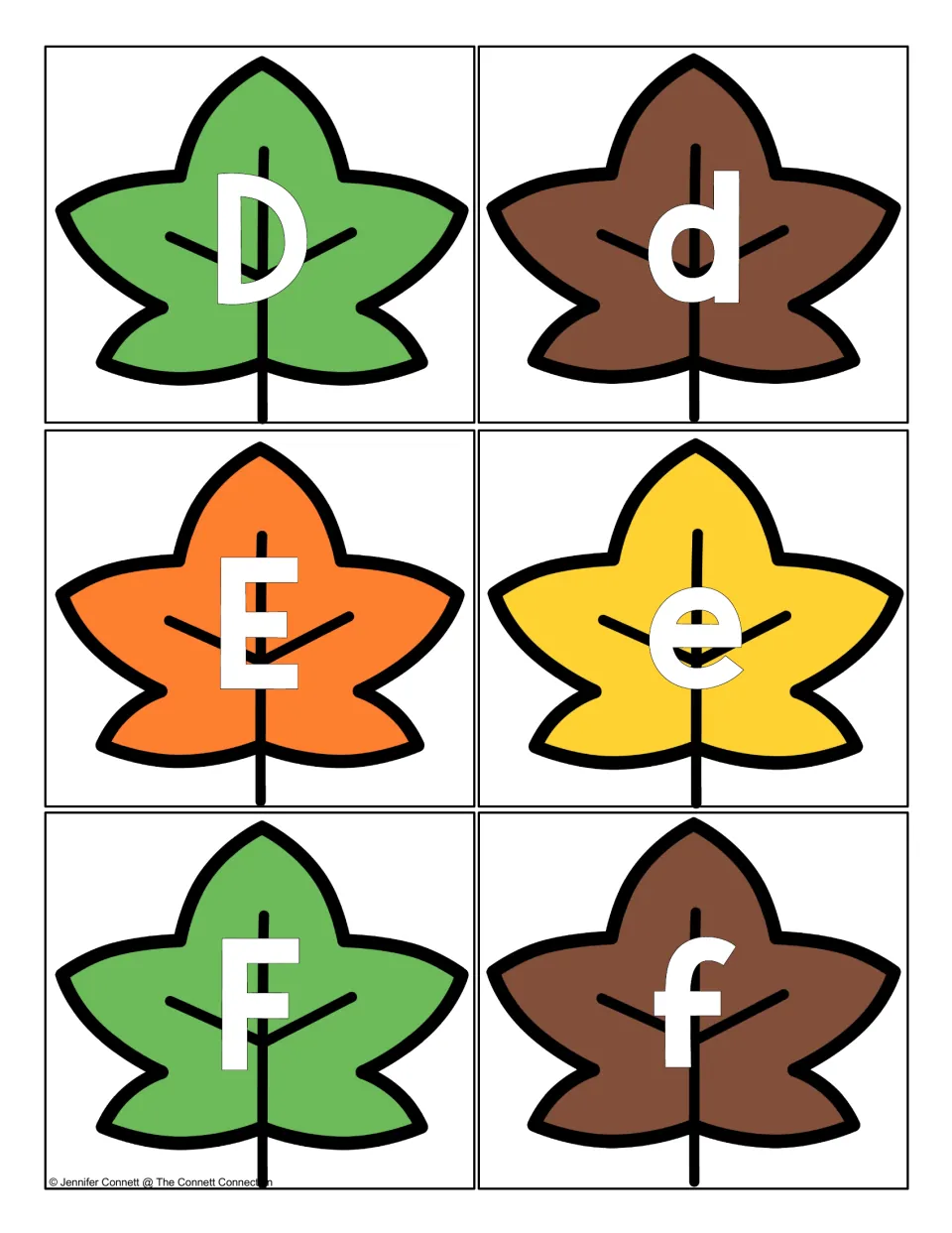Alphabet cards D to F: uppercase and lowercase letters D, d, E, e, F and f printed on six colored fall leaf shapes