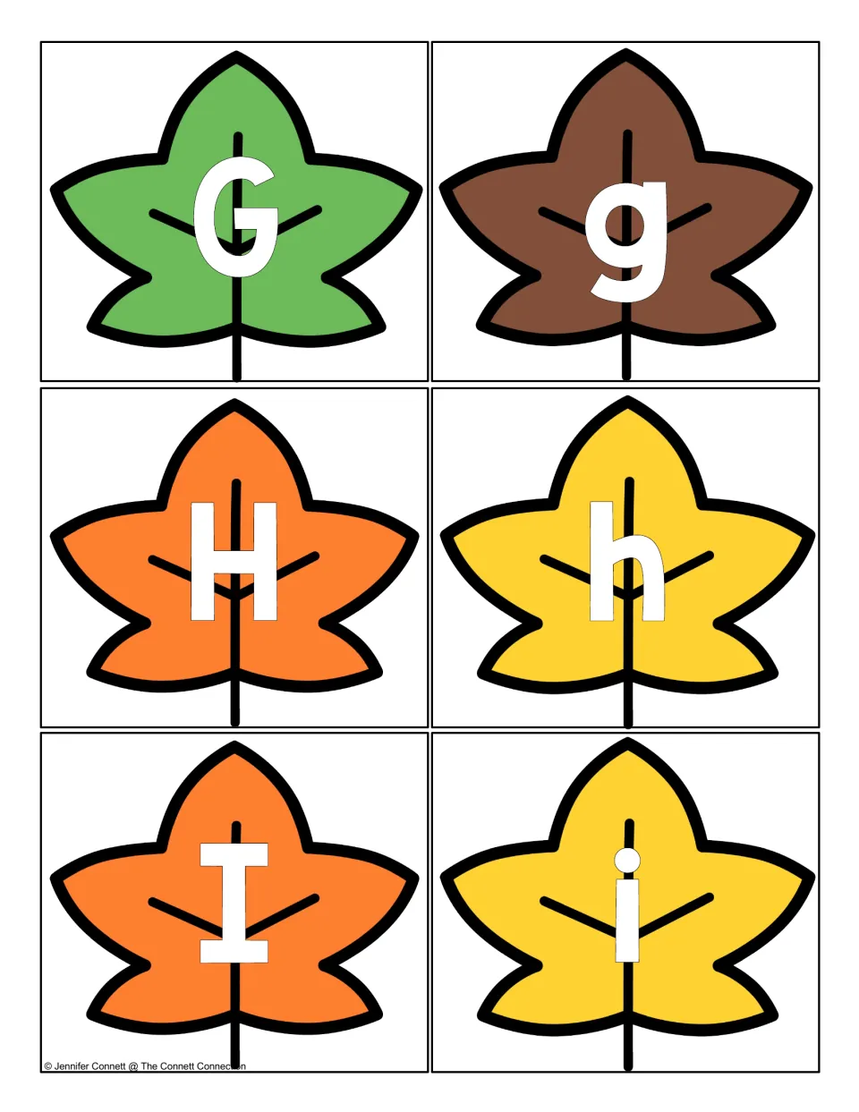 Letter cards G through I: green, brown, orange and yellow autumn leaves showing G, g, H, h, I and i for letter naming
