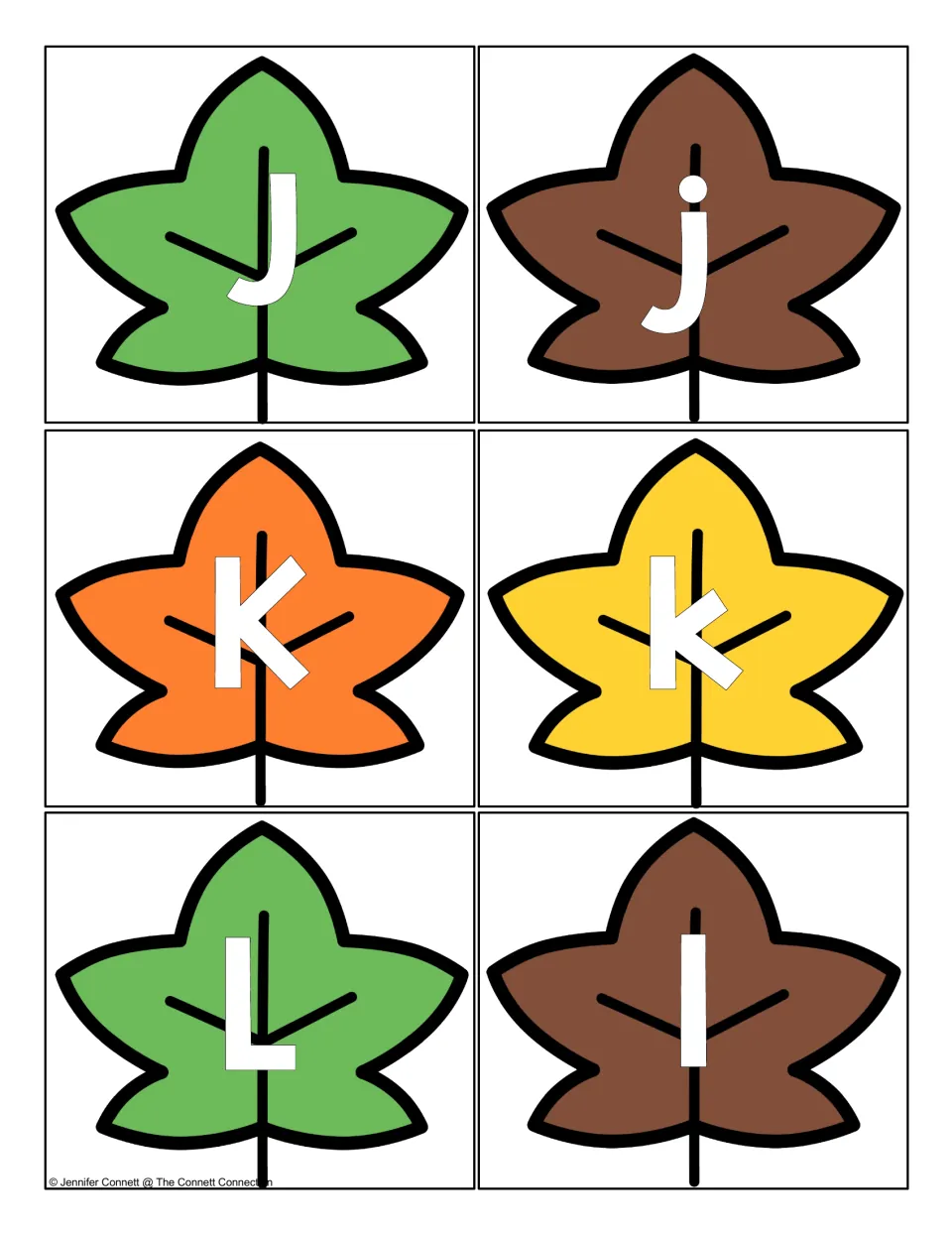 Leaf letter cards J to L: six autumn leaves with uppercase J, K, L beside lowercase j, k, l for matching letter pairs