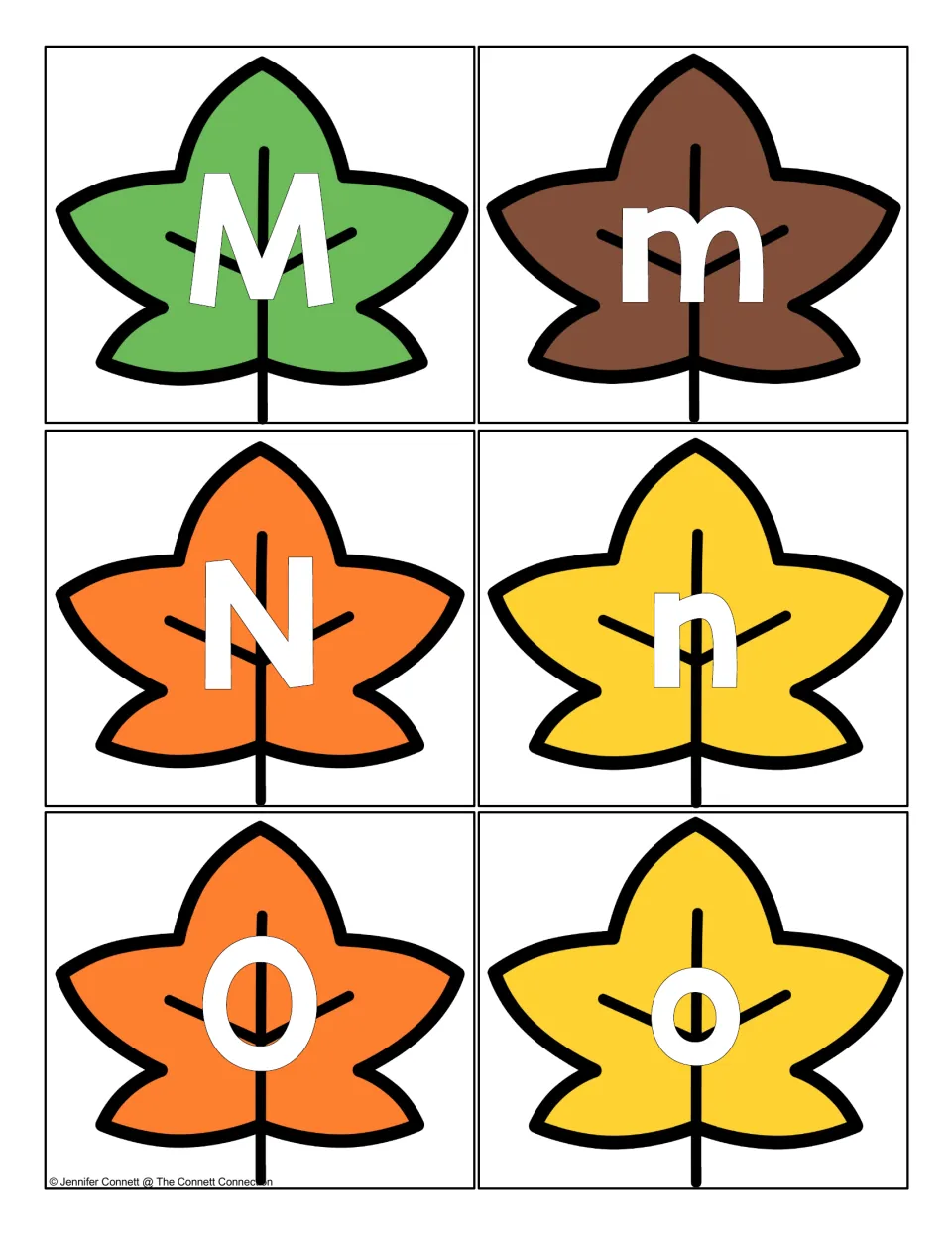 Alphabet leaf cards M to O: capital M, N and O on green and orange leaves, lowercase m, n and o on brown and yellow