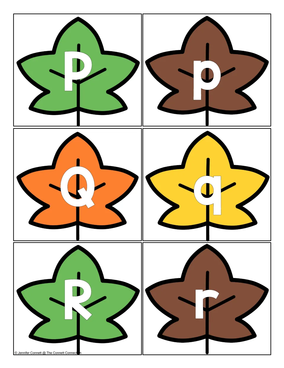 Letter recognition leaves P to R: cards showing P, p, Q, q, R and r so students can name and match each letter pair