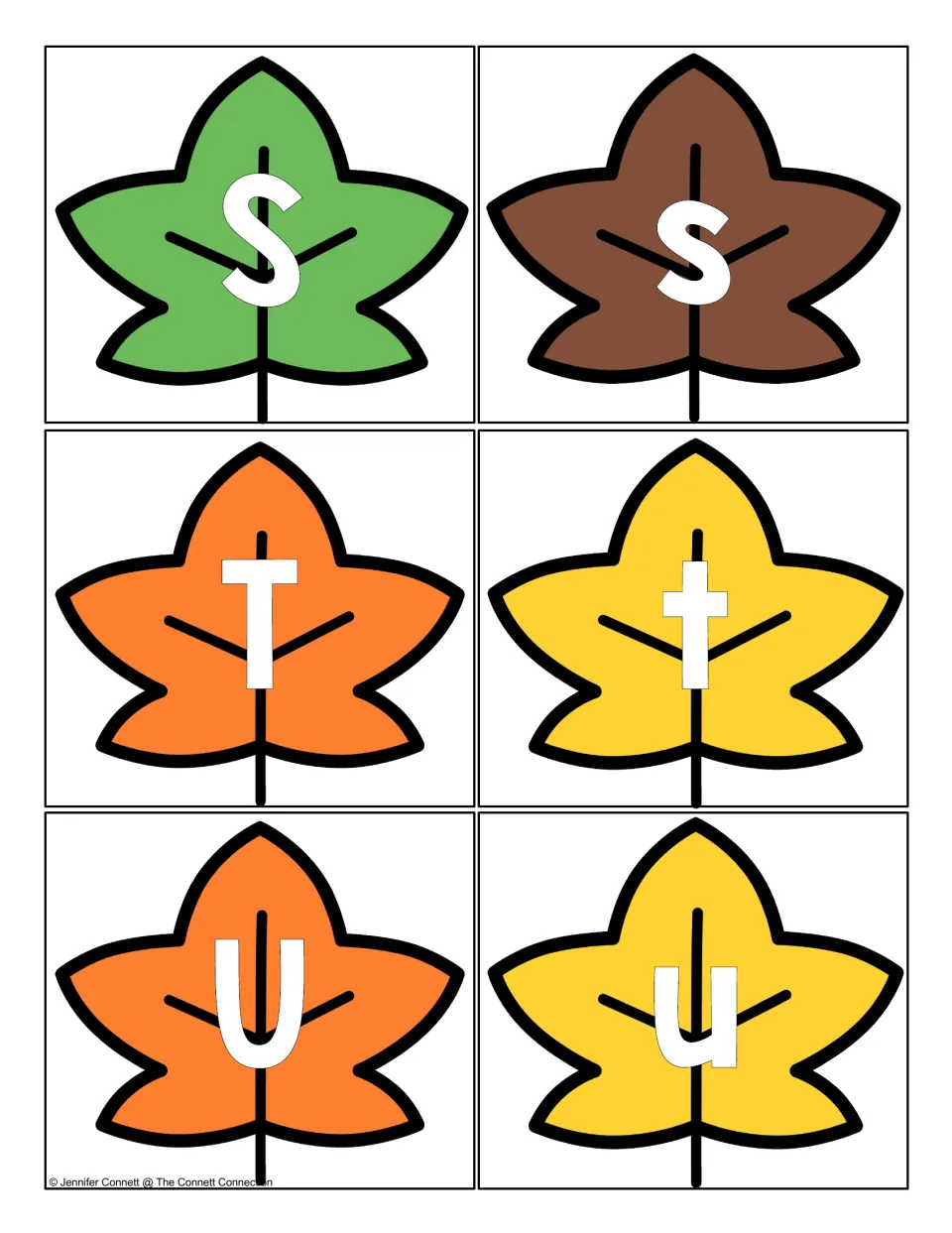 Fall leaf alphabet cards S to U: uppercase S, T, U and lowercase s, t, u on colored leaves for letter matching games