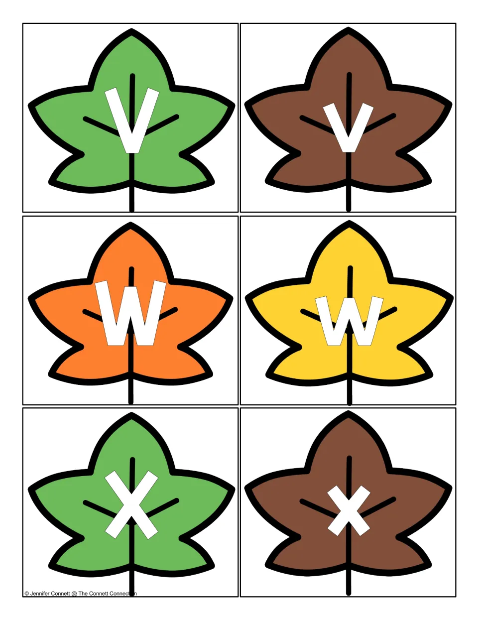 Letter cards V through X: autumn leaves printed with V, v, W, w, X and x for naming and pairing upper and lowercase