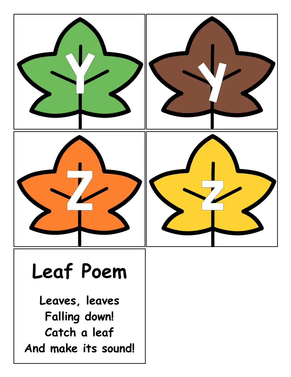 Letter cards Y, y, Z and z on fall leaves, plus a Leaf Poem card that asks students to catch a leaf and make its sound