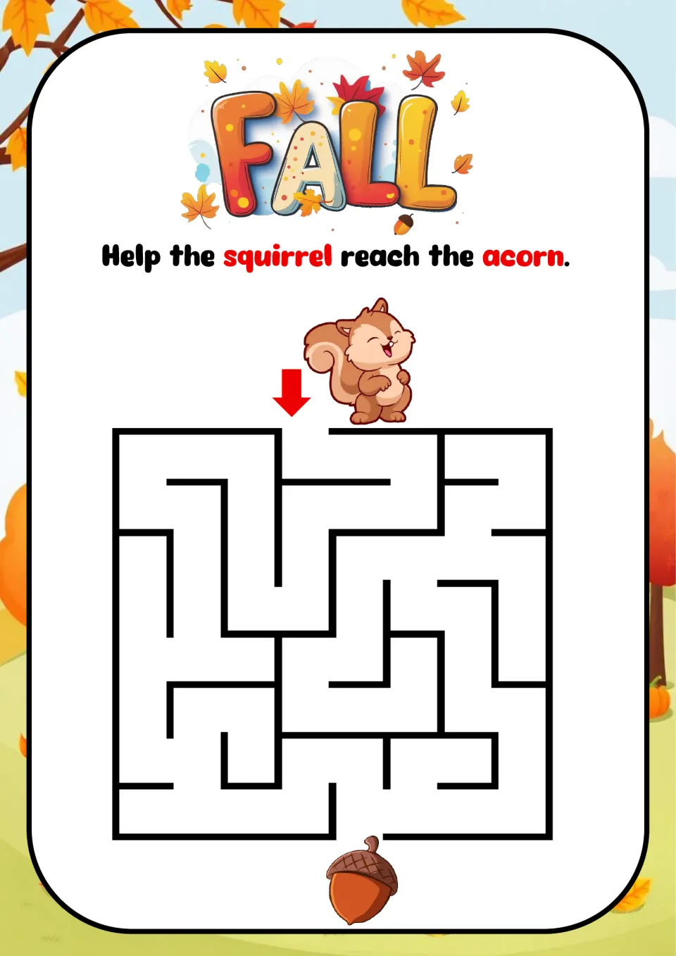 Fall squirrel maze: students trace a path from the red arrow to help the squirrel reach the acorn at the bottom exit