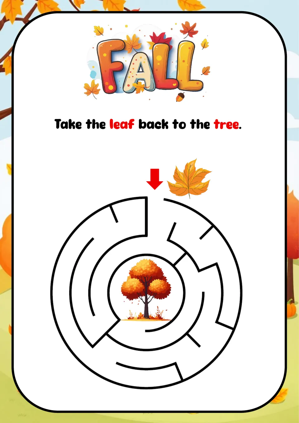 Fall leaf maze: students trace a route through a round maze to take the leaf back to the autumn tree at its center