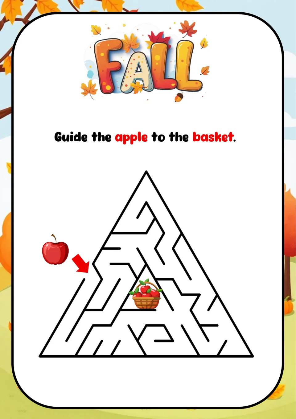 Apple maze: students guide the red apple into a triangle-shaped maze and through it to the basket of apples inside