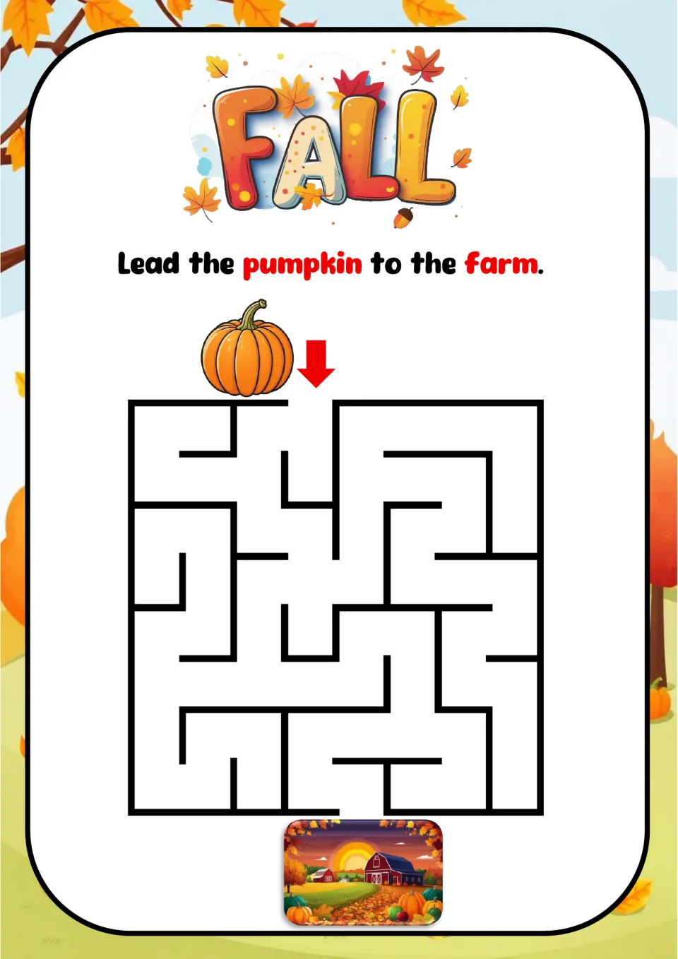 Pumpkin maze: students lead the pumpkin from the arrow at the top down through a square maze to a fall farm scene below
