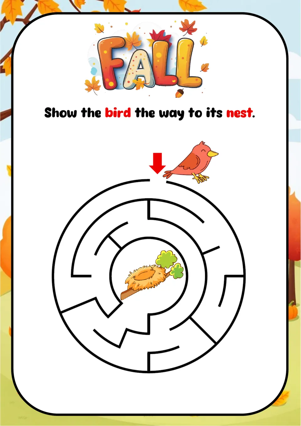 Bird maze: students show the red bird the way through a round maze from the top opening to its nest in the center