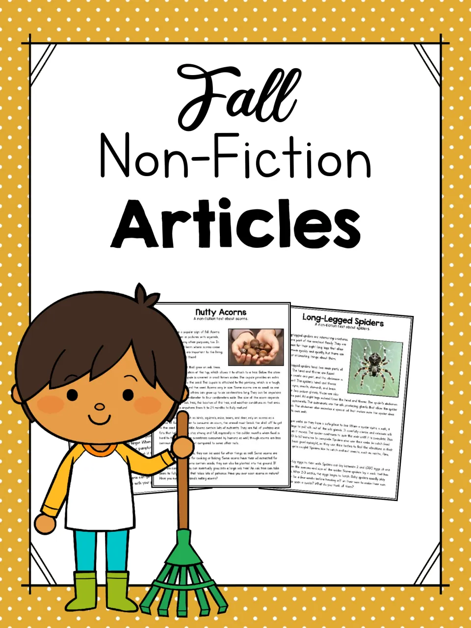 Cover titled Fall Non-Fiction Articles with a child holding a rake and sample article pages on acorns and spiders
