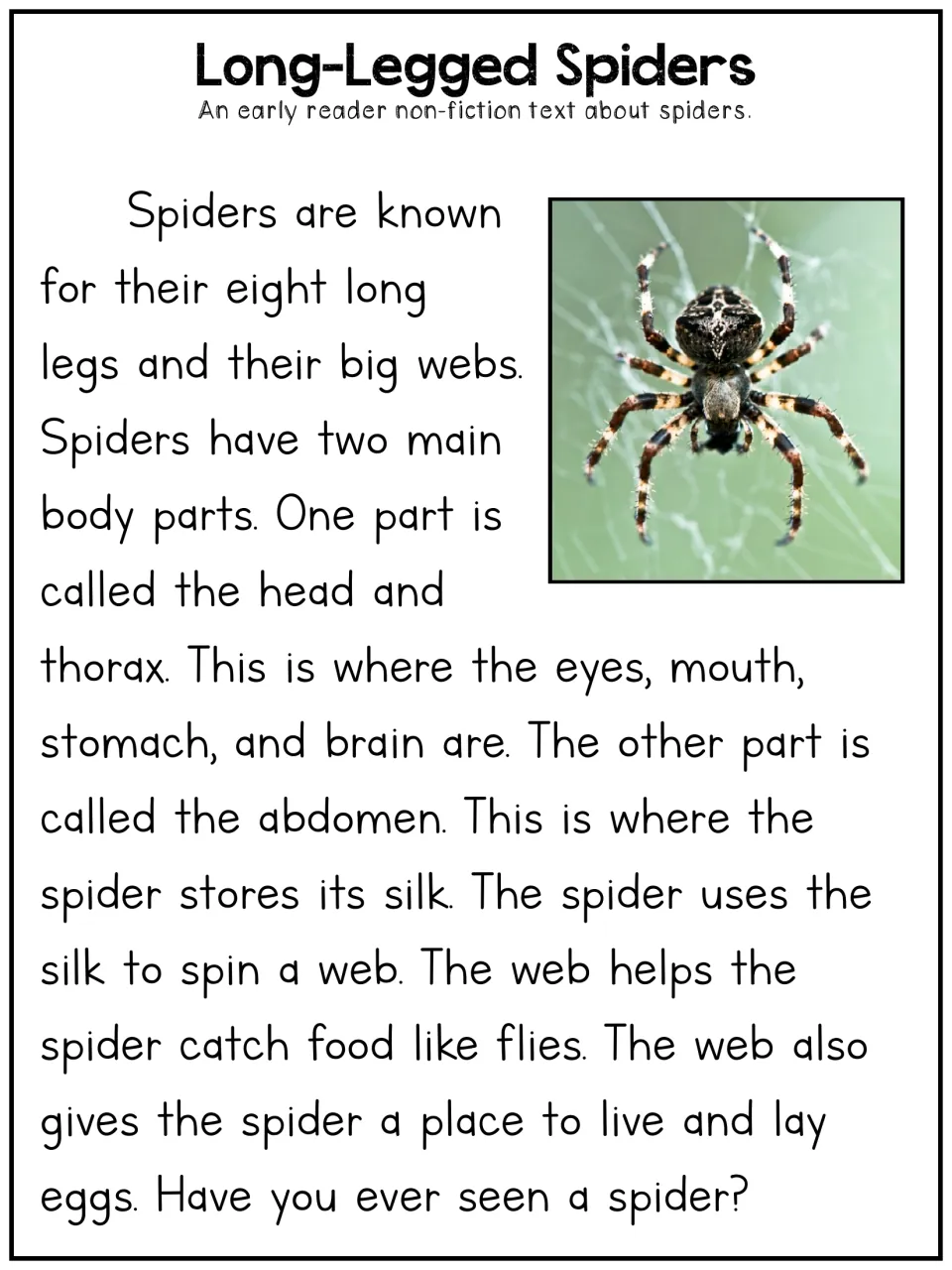 Spiders early reader article: students read about eight legs, two body parts and webs, beside a photo of a spider