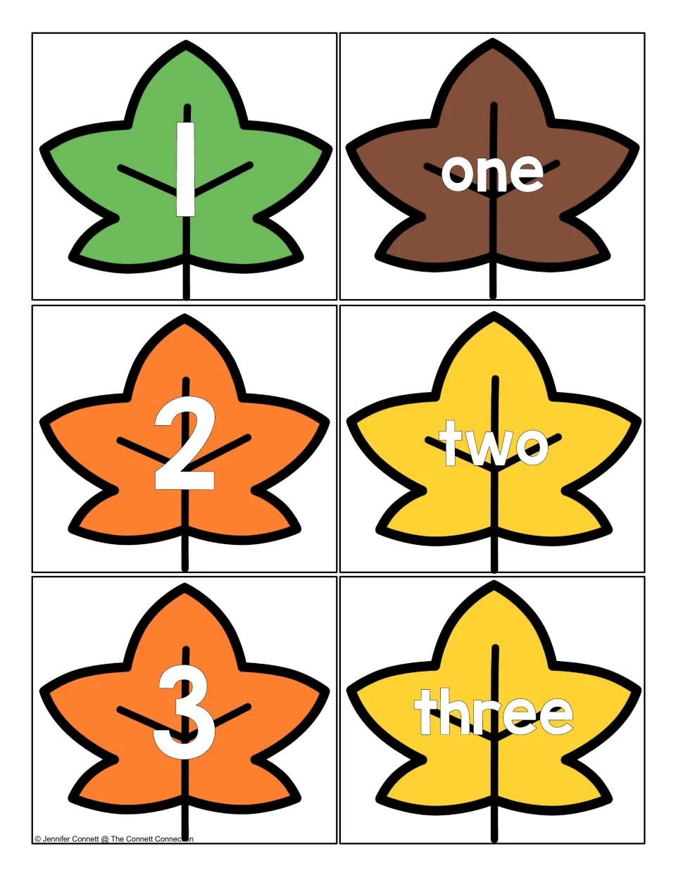 Numbers 1 to 3 on fall leaf cards: six leaves, each numeral paired with a word card for matching one, two and three