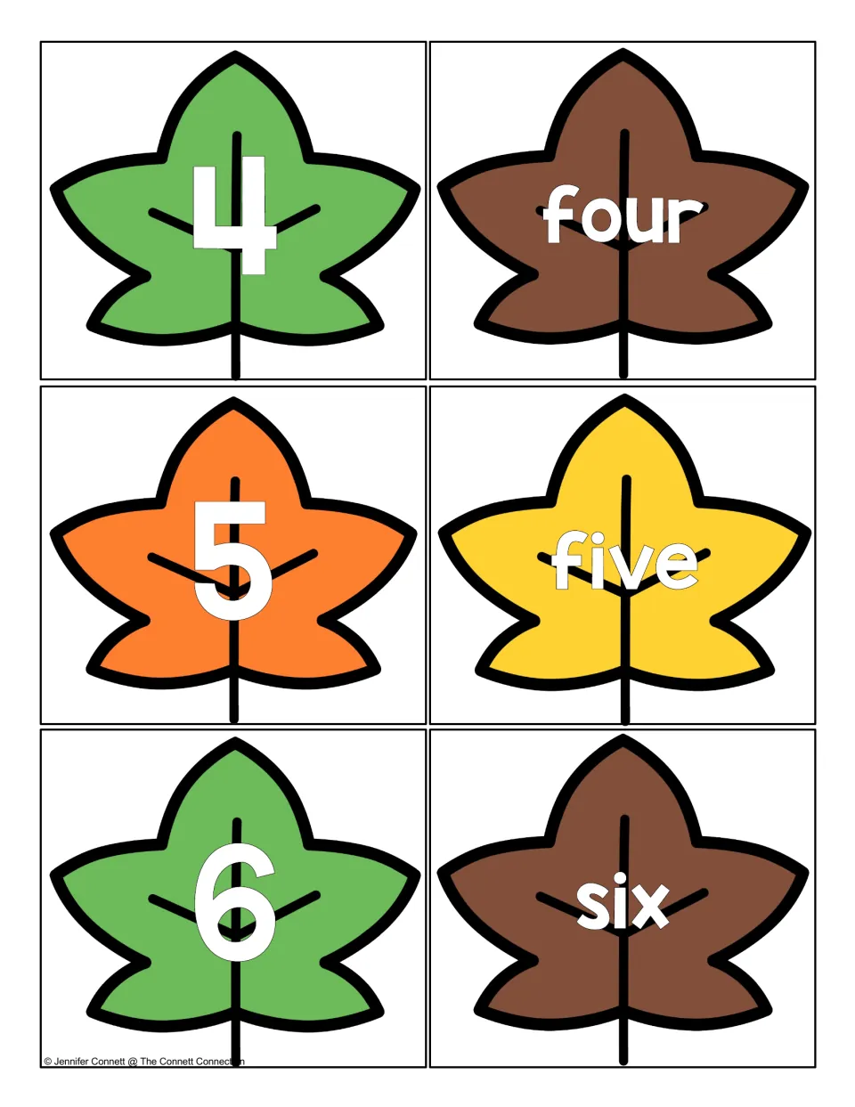 Numerals 4, 5 and 6 on green, orange and brown leaves beside leaf cards spelling four, five and six for word matching