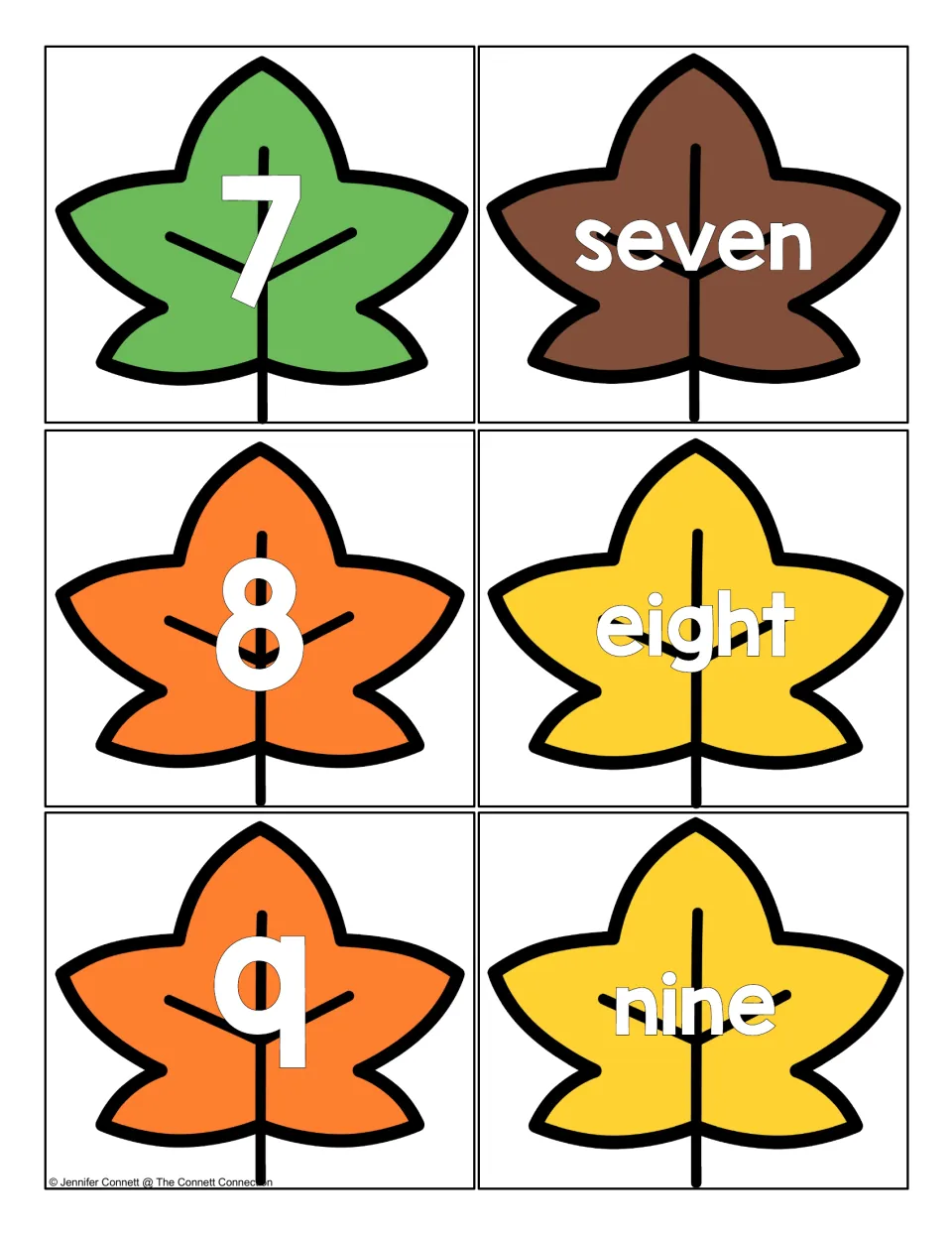 Leaf cards for 7, 8 and 9 alongside word leaves reading seven, eight and nine, for pairing digits with number names
