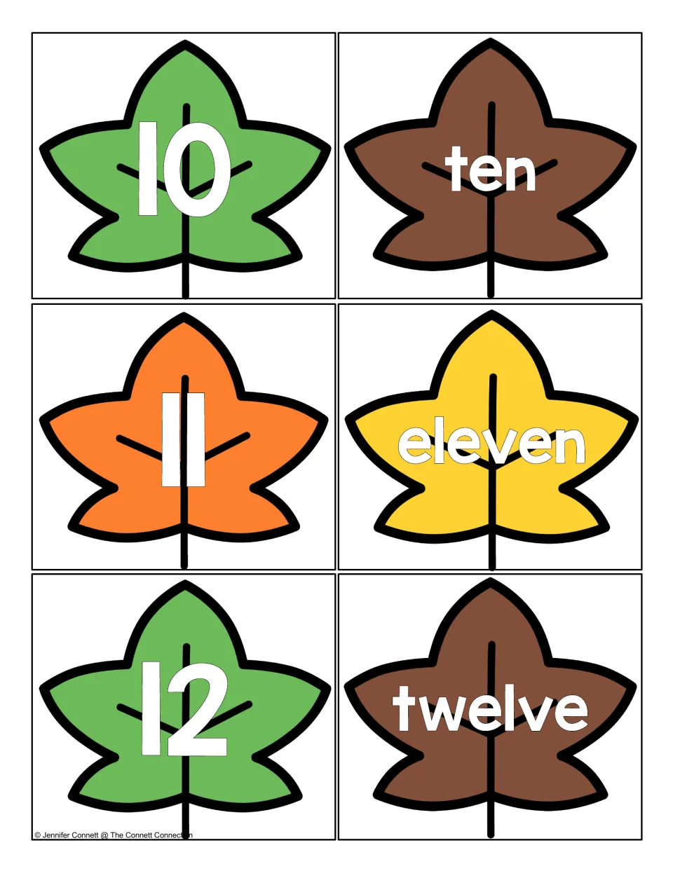 Two-digit numbers 10, 11 and 12 on autumn leaves, each next to a leaf with its word: ten, eleven and twelve, for matching
