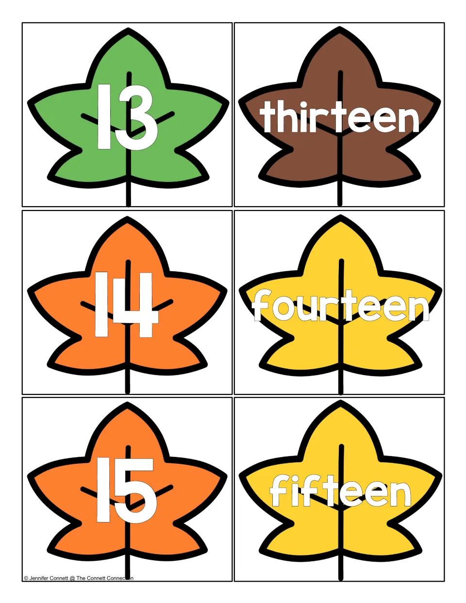 Teen numbers 13, 14 and 15 on leaves beside word leaves for thirteen, fourteen and fifteen to practise reading them