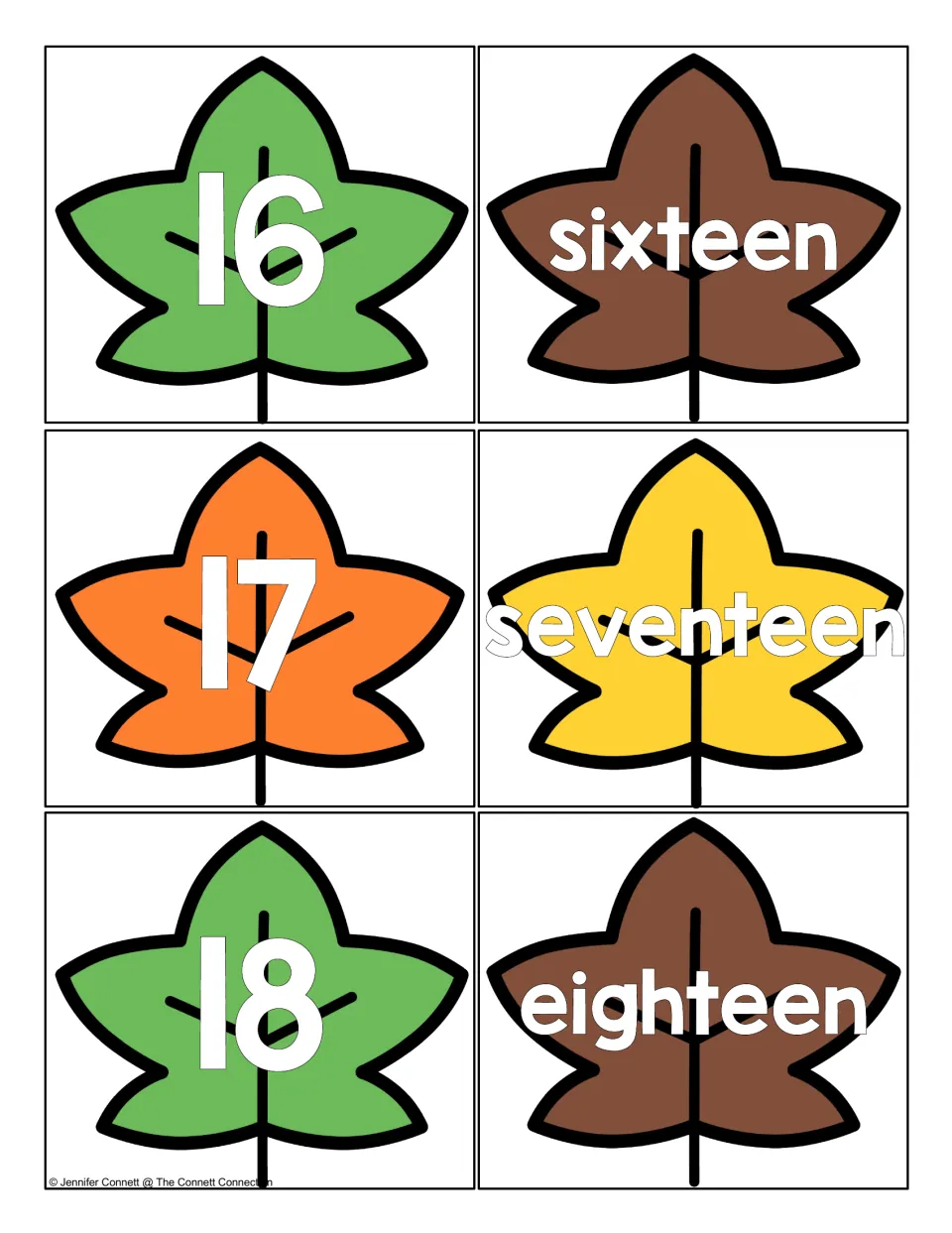 Leaves printed with 16, 17 and 18 and partner leaves spelling sixteen, seventeen and eighteen, for teen numeral-word pairs