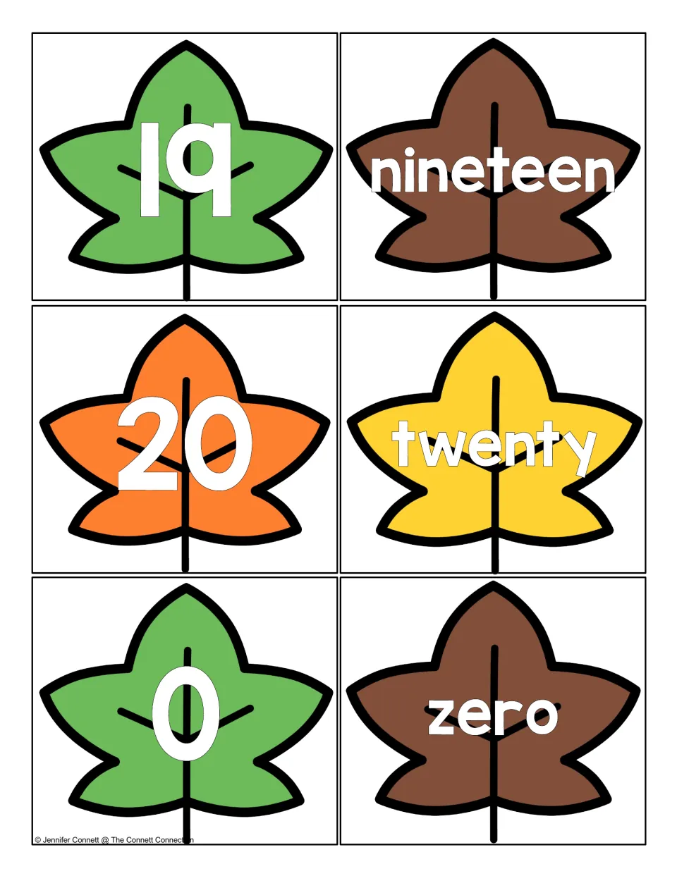 Final leaf cards: 19 with nineteen, 20 with twenty, and 0 with zero, completing the 0 to 20 numeral and word matching set