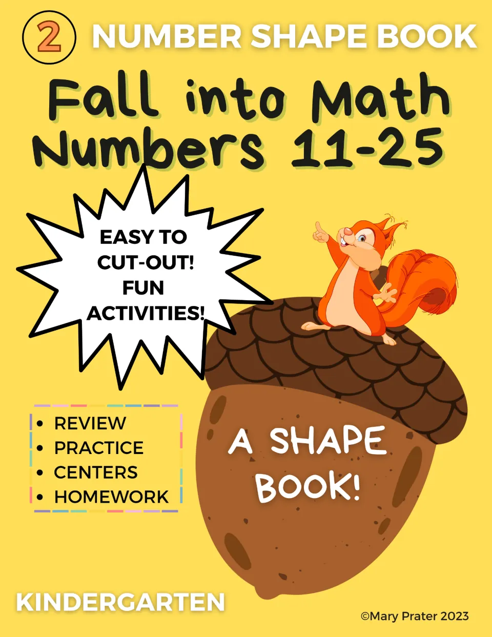 Cover of the kindergarten number shape book for numbers 11–25, featuring an acorn-shaped activity booklet