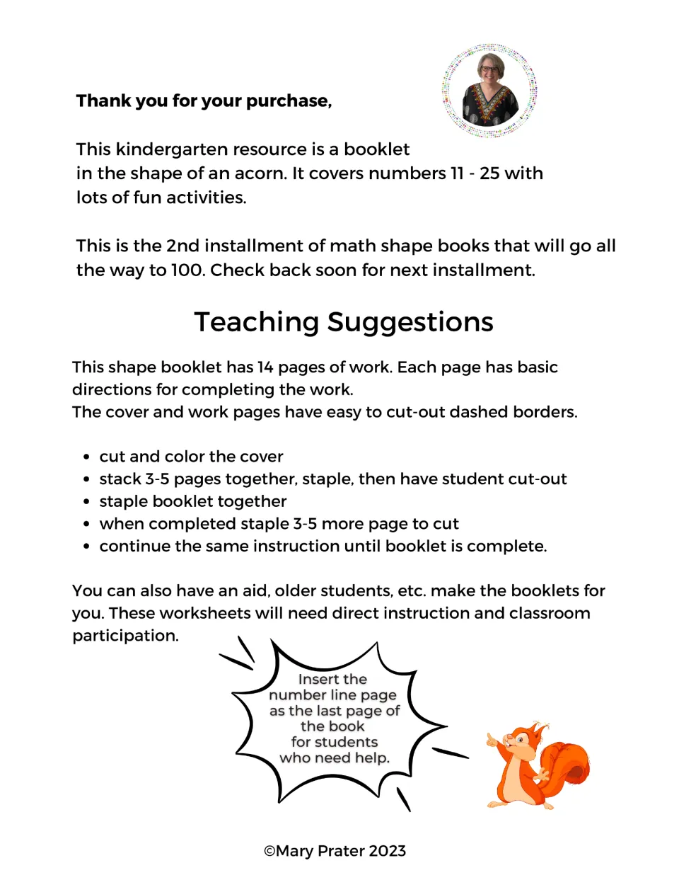 Teaching suggestions for the 14-page acorn math booklet: cut, stack, staple, and add a number line for help