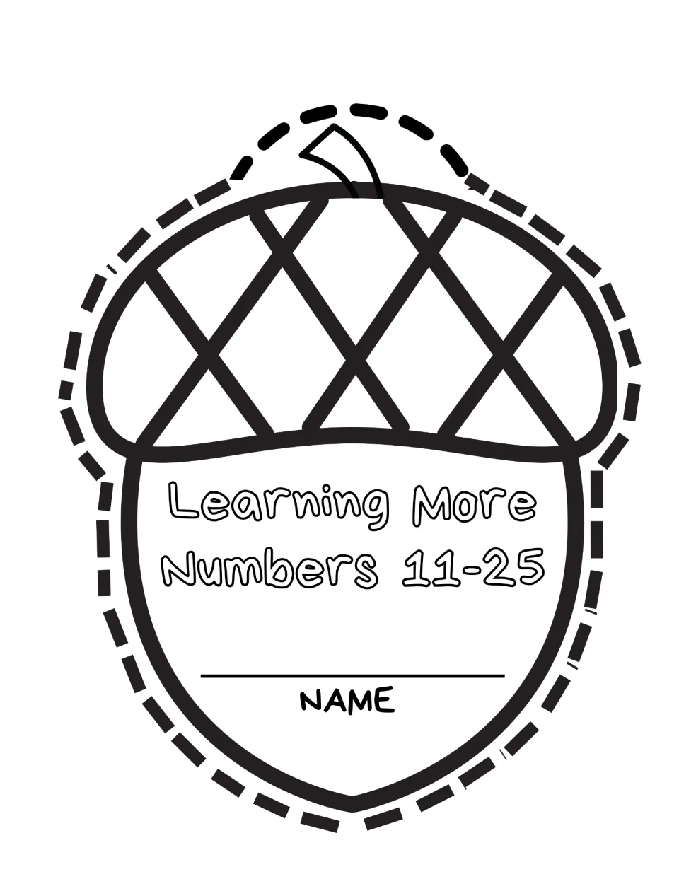 Student cover for the acorn math booklet reads “Learning More Numbers 11–25” and includes a name space