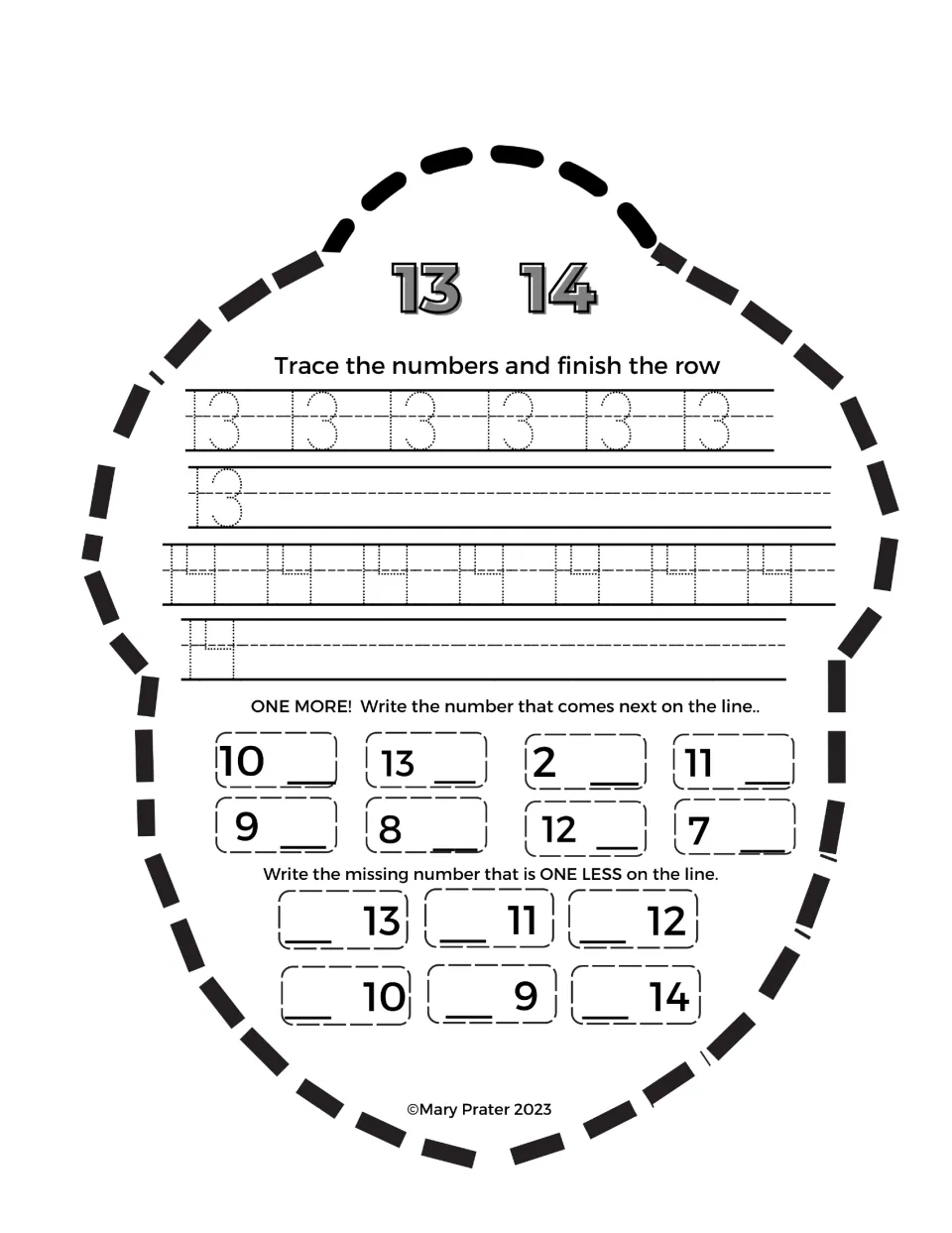 Acorn booklet practice for 13 and 14: trace and write both numbers, then find numbers one more and one less