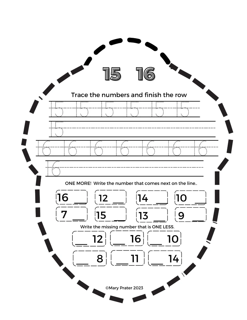 Acorn booklet practice for 15 and 16: trace and write both numbers, then complete one-more and one-less tasks