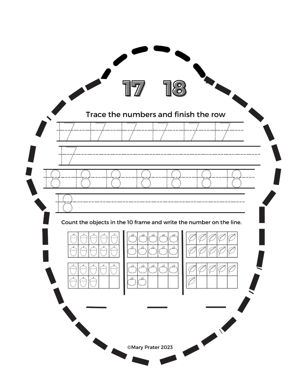 Acorn booklet practice for 17 and 18: trace and write numbers, then count acorns, pumpkins, and leaves