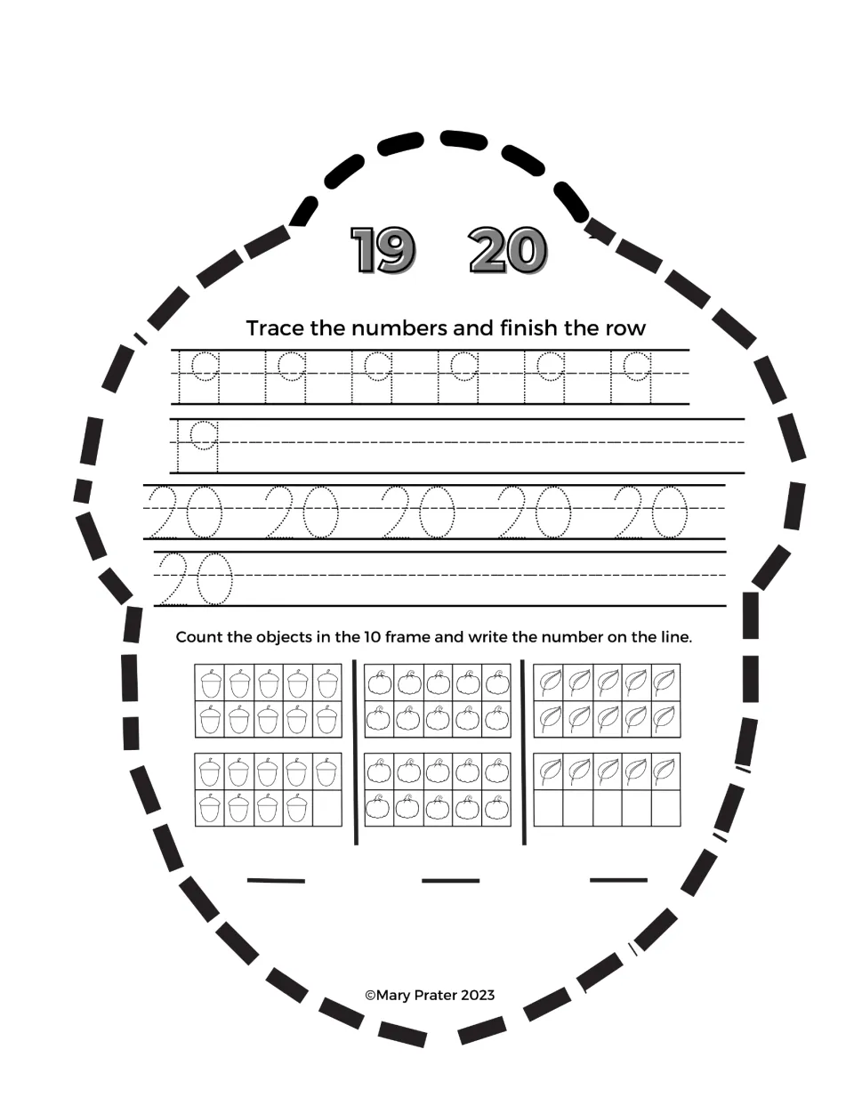 Acorn booklet practice for 19 and 20: trace and write numbers, then count groups of fall objects and record totals