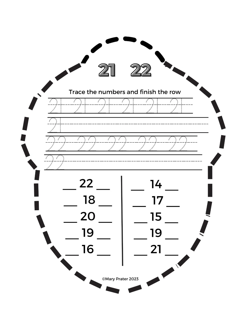 Acorn booklet practice for 21 and 22: trace and write numbers, then fill in numbers before and after given numbers