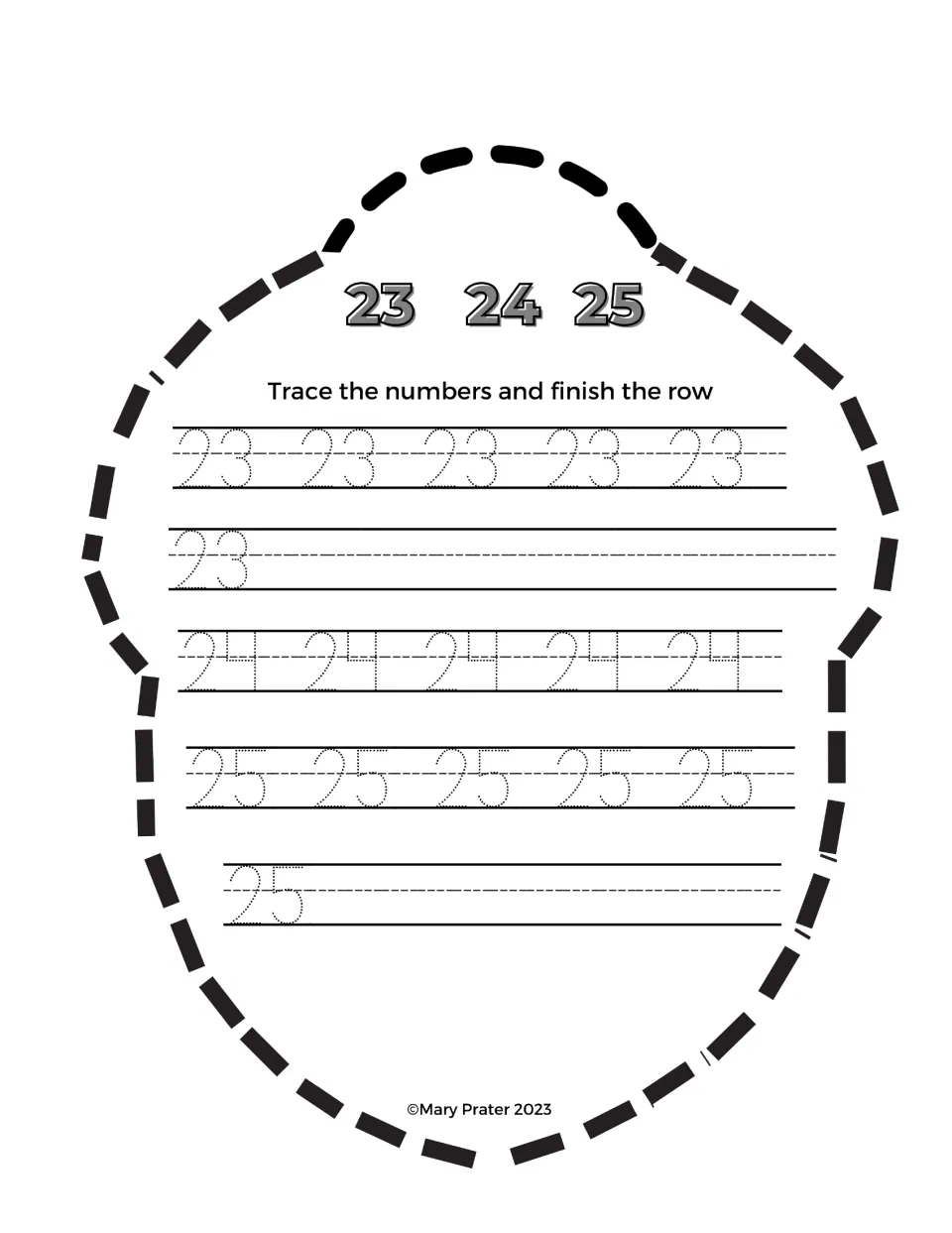Acorn booklet practice for 23, 24, and 25: trace all three numbers and continue writing 23 and 25 independently