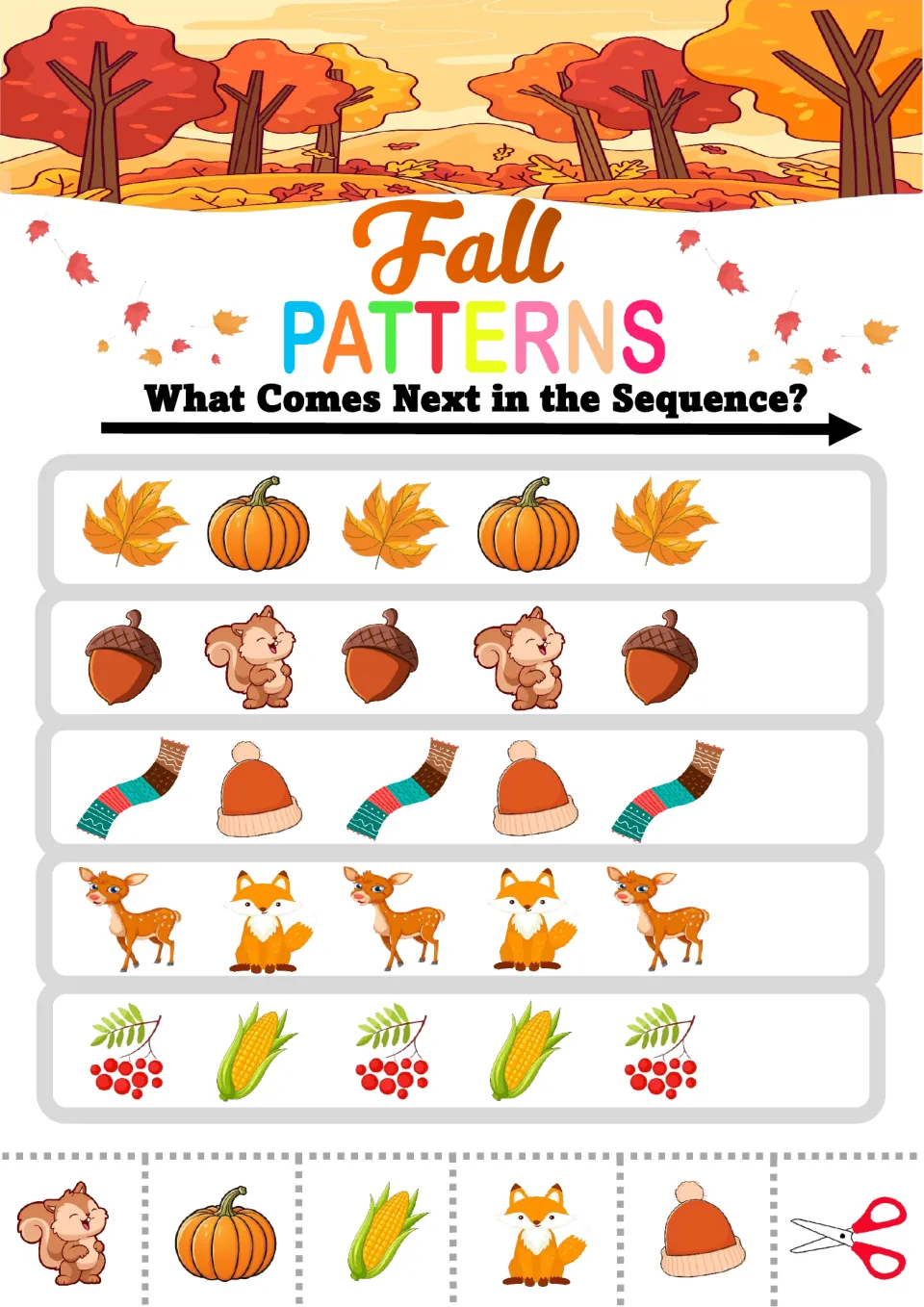 Fall AB patterns: students glue the next picture in leaf-pumpkin, acorn-squirrel, scarf-hat, deer-fox and berry-corn rows