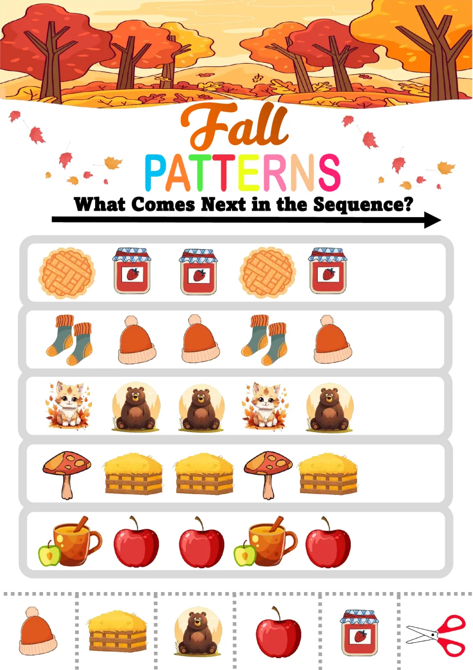 Fall ABB patterns: students glue the next picture in pie-jam-jam, socks-hat-hat, kitten-bear-bear and two more rows