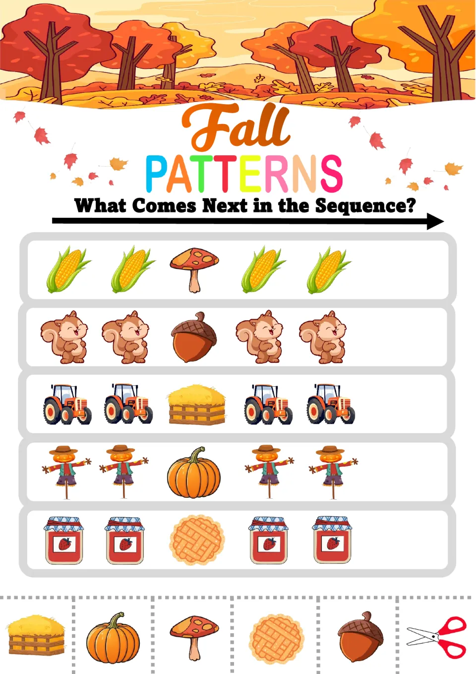 Fall AAB patterns: students glue the next picture in corn-mushroom, squirrel-acorn, tractor-hay and scarecrow rows