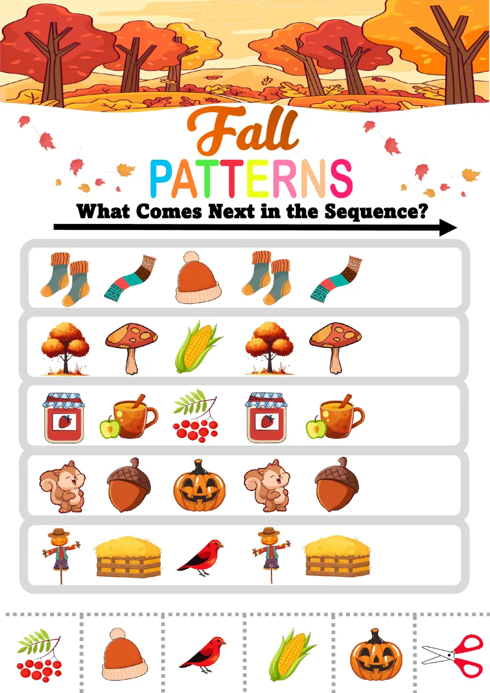 Fall ABC patterns: students extend rows like socks-scarf-hat and squirrel-acorn-jack-o'-lantern by gluing cut-outs