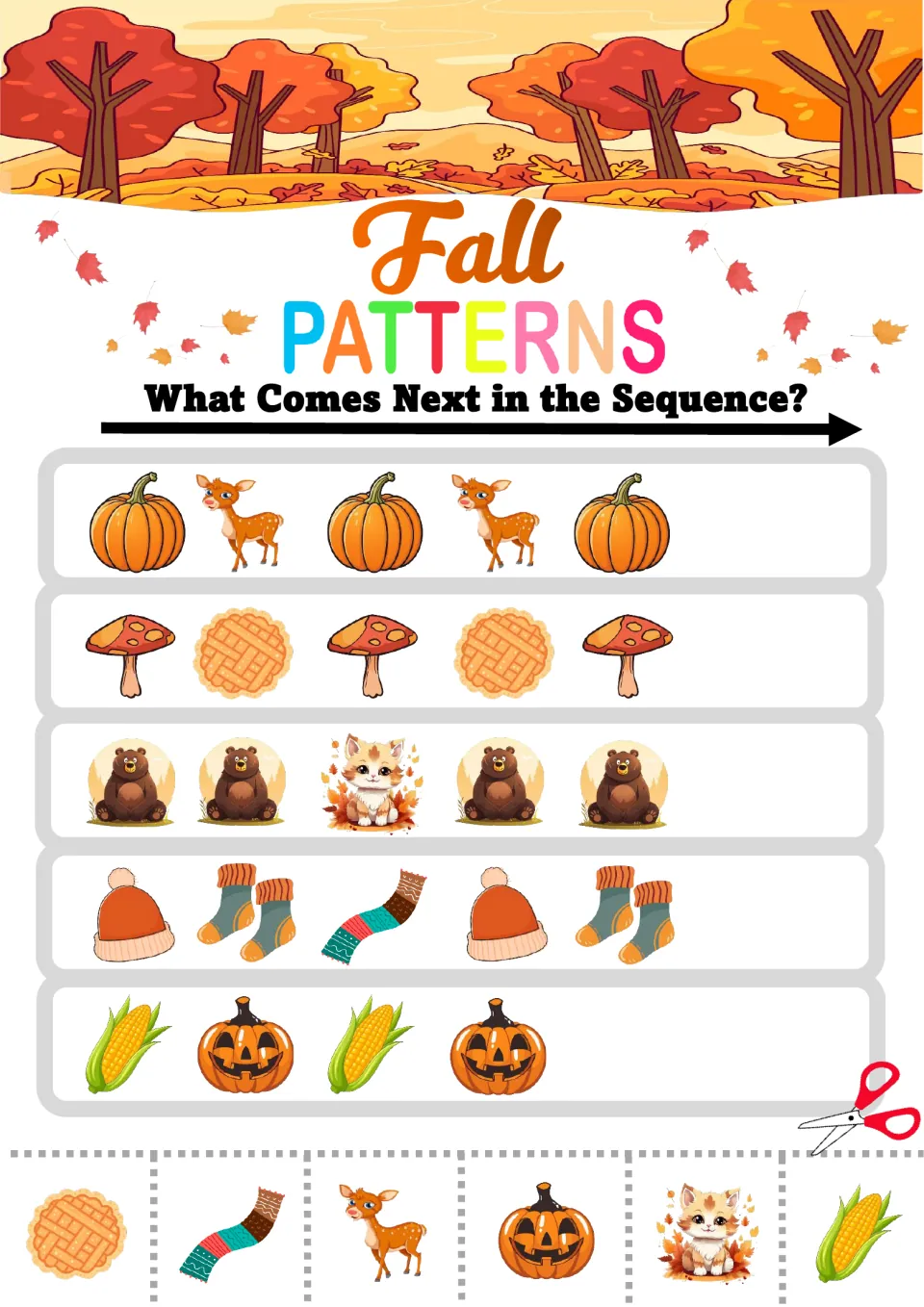 Mixed fall patterns: students pick the next cut-out for pumpkin-deer, mushroom-pie, bear-bear-kitten and corn-pumpkin