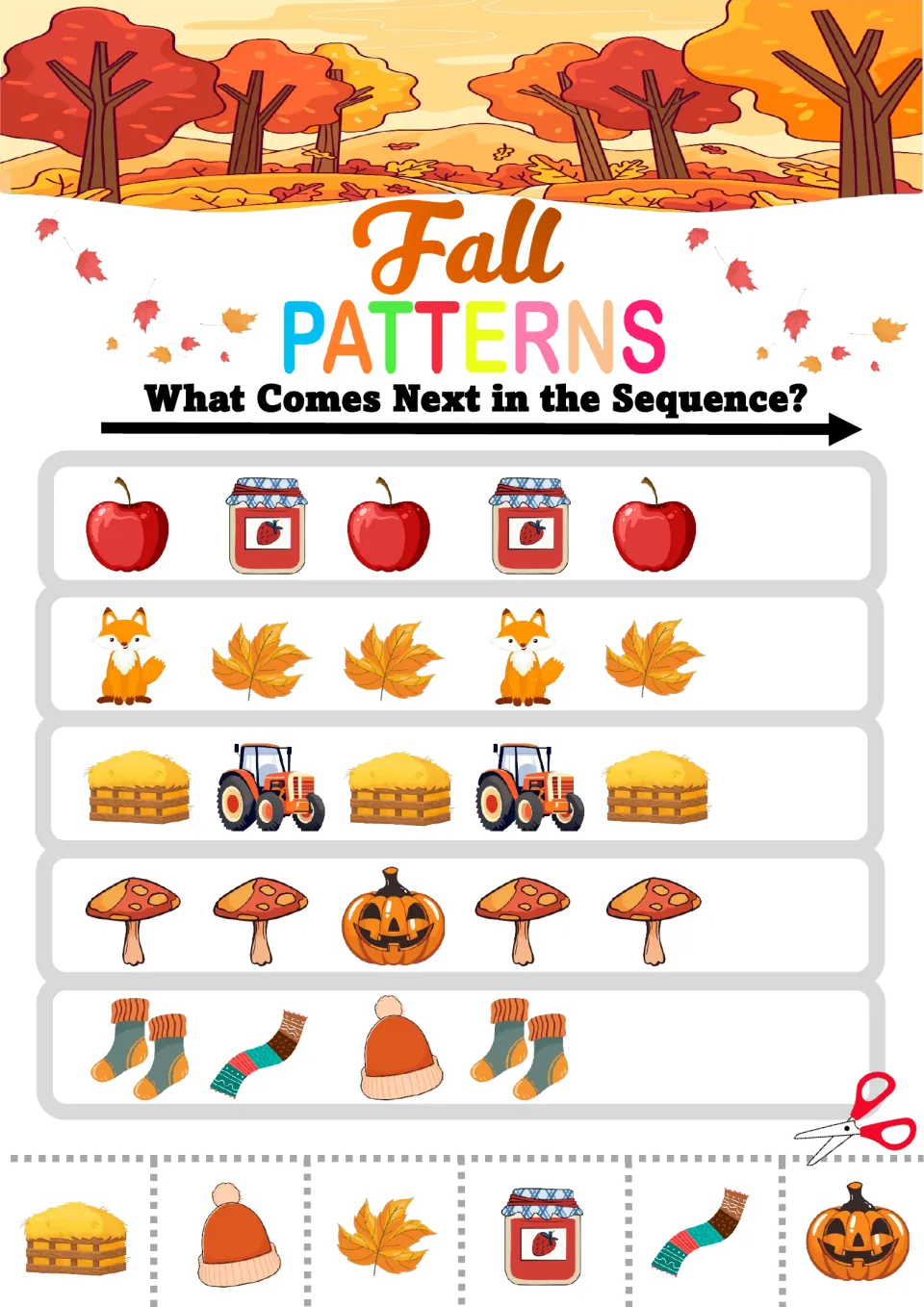 Extending fall patterns: students glue the next picture in apple-jam, fox-leaf-leaf and socks-scarf-hat rows