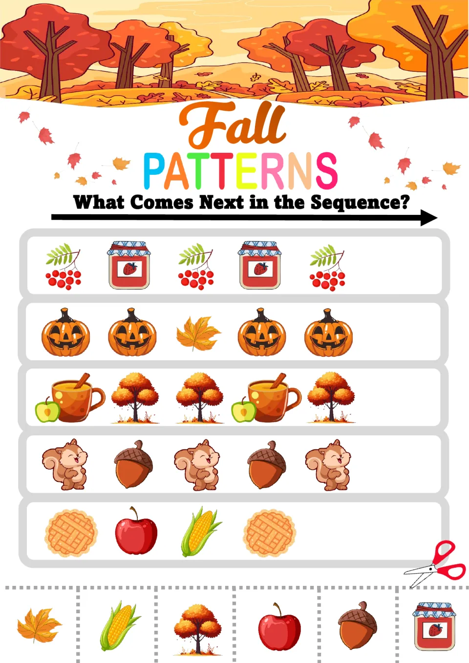 Fall sequences: students add the next cut-out to berries-jam, pumpkin-pumpkin-leaf and pie-apple-corn rows